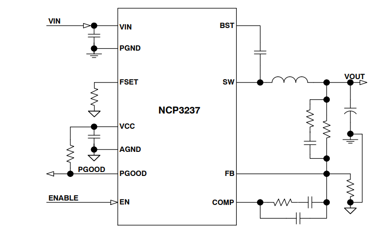 Schéma du circuit d'application - onsemi Convertisseur Buck synchrone intégré NCP3237